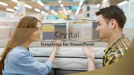  Presentation with mattress - Colorful presentation design enhanced with couple-choosing-mattress-in-furniture backdrop and a coral colored foreground