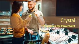  Presentation with grocery store - Cool new slide deck with couple-choosing-oil-for-fish backdrop and a tawny brown colored foreground