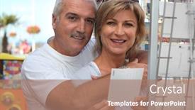  Presentation with postcard - Colorful presentation design enhanced with couple choosing postcard backdrop and a coral colored foreground