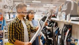  Presentation with electronics - Amazing slides having couple-choosing-vacuum-cleaner-electronics backdrop and a coral colored foreground