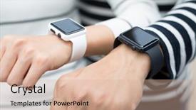  Presentation with connecting - Presentation theme consisting of couple connecting smart watch together at outdoor background and a coral colored foreground