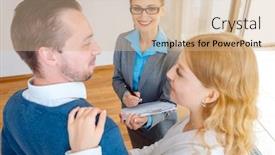  Presentation with realtor - Beautiful PPT theme featuring couple considering renting or buying an apartment discussing rent agreement with realtor backdrop and a soft green colored foreground