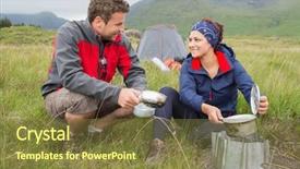  Presentation with camping - Slides enhanced with couple cooking outside on camping trip and smiling in the countryside background and a tawny brown colored foreground