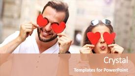  Presentation with eyes - Presentation theme having picture of a happy couple covering eyes with hearts background and a coral colored foreground
