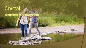  Presentation with hiking - Presentation design featuring couple crossing river whilst hiking background and a tawny brown colored foreground