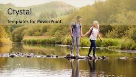  Presentation with school crossing safety - Presentation design with couple crossing river whilst hiking background and a yellow colored foreground