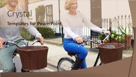  Presentation with cycling - Beautiful presentation theme featuring couple-cycling-along-urban-street backdrop and a coral colored foreground