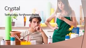  Presentation with workshop - Presentation theme consisting of couple decorating pots in workshop background and a sky blue colored foreground