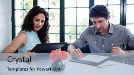  Presentation with restaurant menu - Slides enhanced with couple discussing menu in a restaurant background and a light blue colored foreground