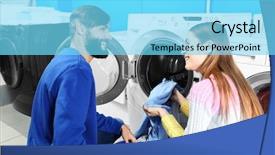  Presentation with laundromat - Presentation design featuring couple doing laundry in laundromat background and a arctic colored foreground