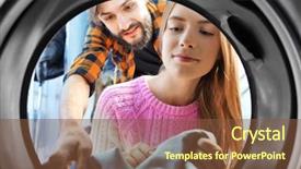  Presentation with laundromat - Presentation design with couple doing laundry in laundromat background and a tawny brown colored foreground