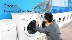  Presentation with laundromat - Slide set having couple doing laundry in laundromat background and a light blue colored foreground