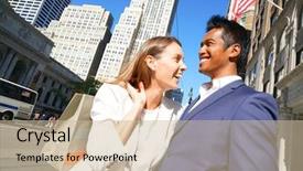  Presentation with manhattan - Slide set consisting of couple doing shopping in manhattan nyc background and a soft green colored foreground