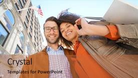  Presentation with new york city - Audience pleasing theme consisting of couple doing shopping in new backdrop and a  colored foreground