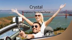  Presentation with road trip - Beautiful presentation theme featuring couple driving in convertible car backdrop and a light blue colored foreground