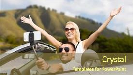  Presentation with self driving - Amazing PPT theme having couple driving in convertible car backdrop and a tawny brown colored foreground