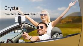  Presentation with self driving - Colorful slide set enhanced with couple driving in convertible car backdrop and a light blue colored foreground