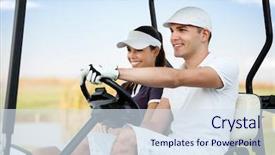 Presentation with young happy couple - Presentation design enhanced with couple driving in golf car background and a sky blue colored foreground