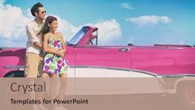  Presentation with vintage car - PPT theme with couple-driving-pink-vintage-car background and a coral colored foreground