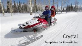 Presentation with driving - Beautiful slides featuring couple driving snowmobile on snow backdrop and a light gray colored foreground