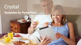  Presentation with breakfast - Audience pleasing PPT theme consisting of couple eating breakfast in bed with paper and digital tablet backdrop and a coral colored foreground
