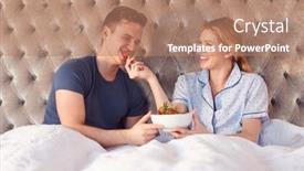  Presentation with wedding anniversary - PPT theme featuring couple-eating-strawberries-for-breakfast background and a coral colored foreground