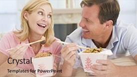 Presentation with eating - PPT layouts with couple eating takeaway meal mealtime background and a coral colored foreground