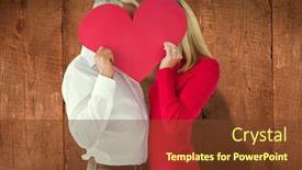  Presentation with faces - Theme consisting of couple embracing and holding heart over faces against wooden planks background and a tawny brown colored foreground