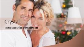  Presentation with christmas dinner - Slides with couple embracing at christmas background and a coral colored foreground