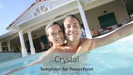  Presentation with jumping into pool - Audience pleasing PPT layouts consisting of couple embracing in private swimming backdrop and a light blue colored foreground