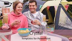  Presentation with campsite - Slide deck with couple enjoying camping holiday on campsite background and a coral colored foreground