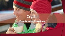  Presentation with ski - PPT theme consisting of couple enjoying hot drink in cafe at ski resort background and a coral colored foreground