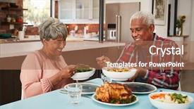  Presentation with senior couple - Beautiful PPT layouts featuring couple enjoying meal around table backdrop and a  colored foreground