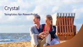  Presentation with romantic beach - Beautiful theme featuring couple enjoying romantic sunset at german north sea beach backdrop and a sky blue colored foreground