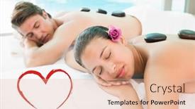  Presentation with heart health - Presentation design having couple enjoying stone massage at health farm against heart background and a lemonade colored foreground