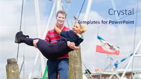  Presentation with ship - Presentation theme having couple enjoying vacation at german north sea ship pier background and a light blue colored foreground