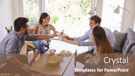  Presentation with friends - Presentation theme having couple-entertaining-friends-at-home background and a violet colored foreground