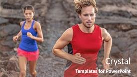  Presentation with trail competition - Slide set consisting of couple fit athletes runners running jogging outdoor in trail run sport competition man and woman jogging young people training together asian girl caucasian man background and a violet colored foreground