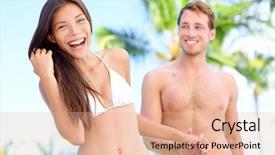  Presentation with honeymoon - Presentation consisting of couple fun at beach holding hands in bikini and swimwear smiling happy on honeymoon travel holidays in tropical paradise with palm trees happy interracial couple asian woman caucasian man background and a coral colored foreground