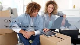  Presentation with live - Audience pleasing theme consisting of couple getting in their new apartment to live together backdrop and a light blue colored foreground