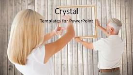  Presentation with frame - Presentation theme having couple hanging a frame together against wooden planks background background and a soft green colored foreground