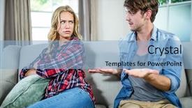  Presentation with comic couple - Audience pleasing PPT theme consisting of couple having an argument backdrop and a light blue colored foreground