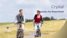  Presentation with tour - Slides having couple having bicycle tour with bike at levee with sheep background and a sky blue colored foreground