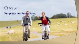  Presentation with tour - Presentation theme enhanced with couple having bicycle tour with bike at levee with sheep background and a sky blue colored foreground