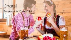  Presentation with cold beer - PPT theme with couple having dinner at mountain hut in alps drinking beer and eating cold cuts background and a coral colored foreground