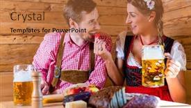  Presentation with cold beer - Colorful presentation theme enhanced with couple having dinner at mountain hut in alps drinking beer and eating cold cuts backdrop and a red colored foreground