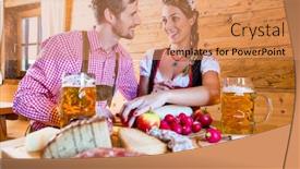  Presentation with cold beer - Theme having couple having dinner at mountain hut in alps drinking beer and eating cold cuts background and a coral colored foreground