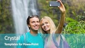  Presentation with hawaii - Slides featuring couple having fun together outdoors taking self portrait with camera phone after hiking to incredible waterfall in hawaii background and a teal colored foreground