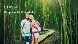  Presentation with hike forest - Presentation theme featuring couple having fun together outdoors on hike through amazing bamboo forest trail background and a tawny brown colored foreground