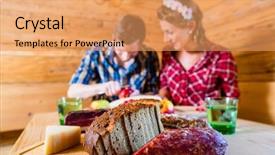  Presentation with cabin - Presentation theme having couple having lunch in cabin on mountain with bread and cold cuts background and a coral colored foreground